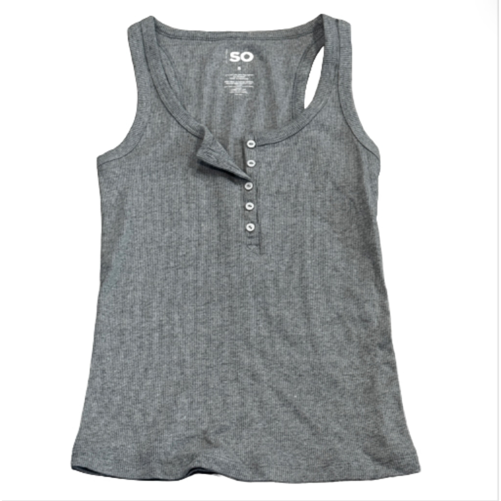 🌷 SO Gray Ribbed Henley Racerback Tank Top - Picture 2 of 3